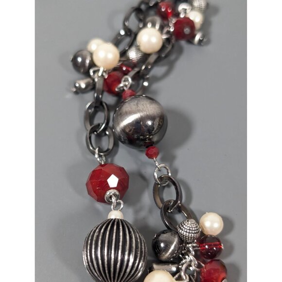 Premier Designs Gunmetal Red Bead Faux Pearl Double Layer Necklace Goth 20" - Picture 4 of 8